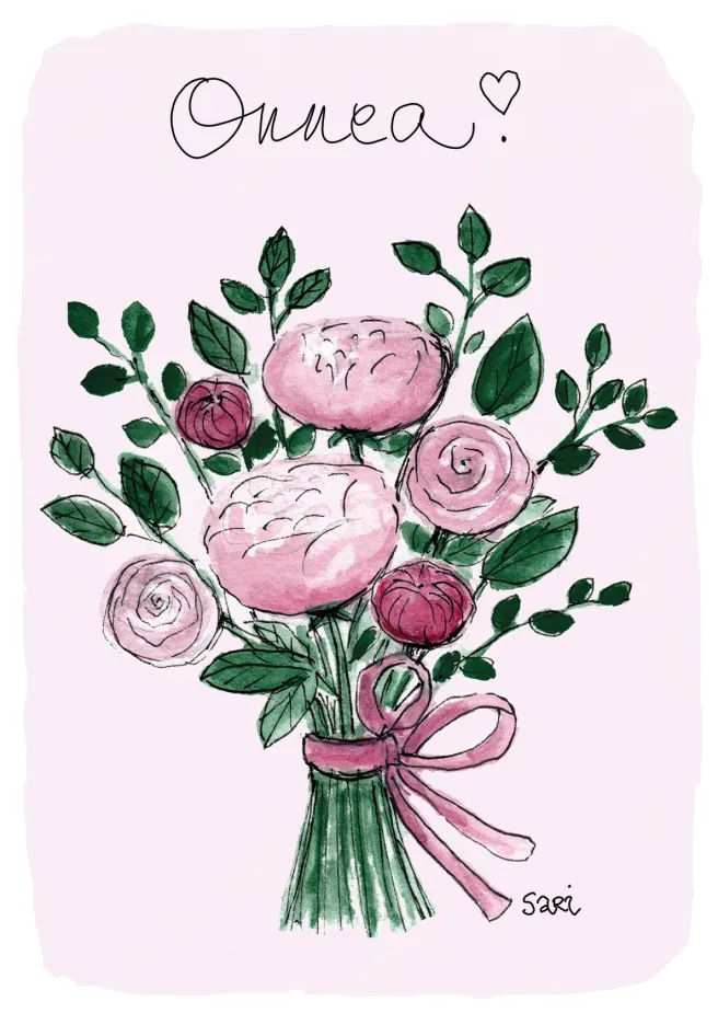 2-osainen kortti Sari's Artwork - Pionikimppu, Onnea!