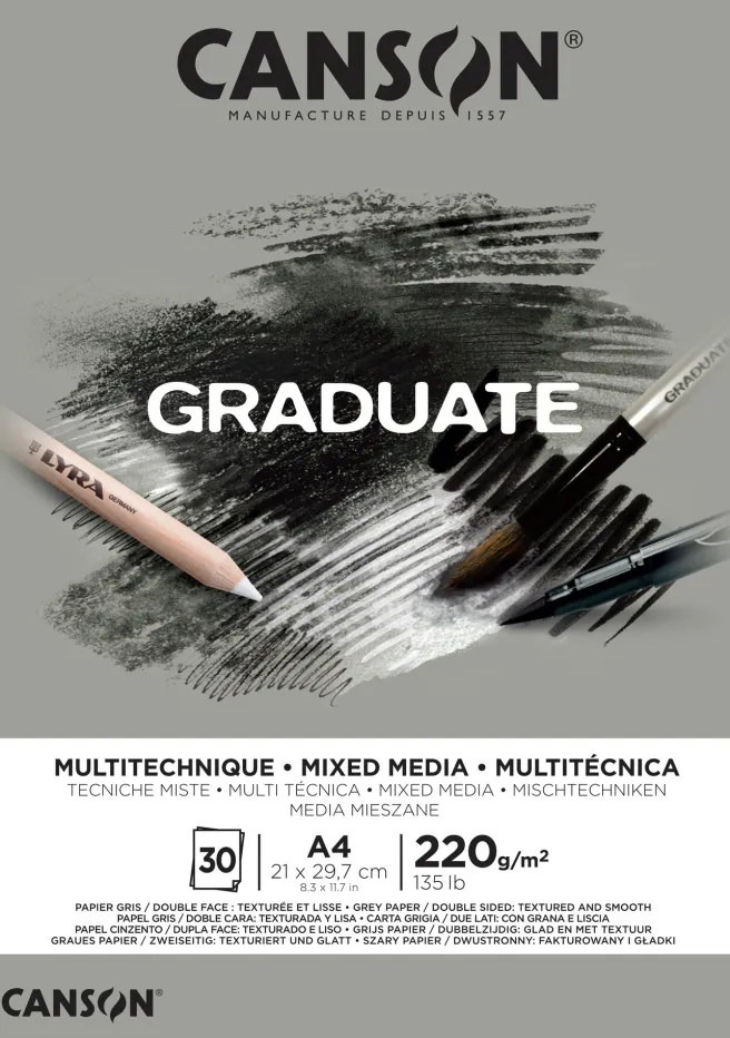 Taidelehtiö A4 Canson Graduate - Mixed Media 220g, harmaa